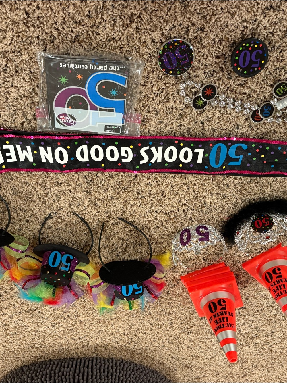 50th Birthday Party Sash and Accessories - Black with Multicolor Accents